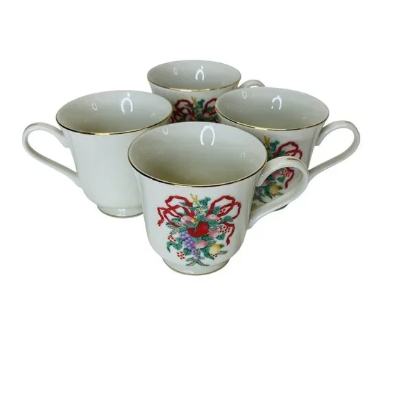 Elegant Vintage Fine China Tea Cup & Saucer Set of 4 Floral Ribbon Gold Trim